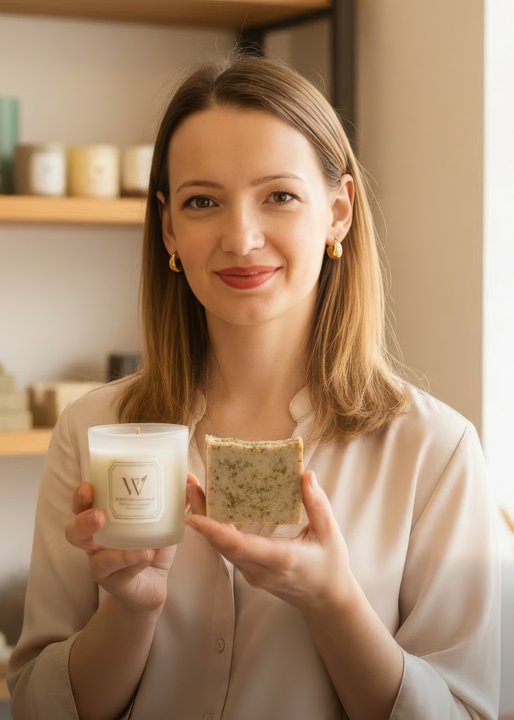 Портретна снимка на усмихната създателка на inoart studio, която държи ръчно изработена натурална свещ в стъклен буркан и блокче сапун.