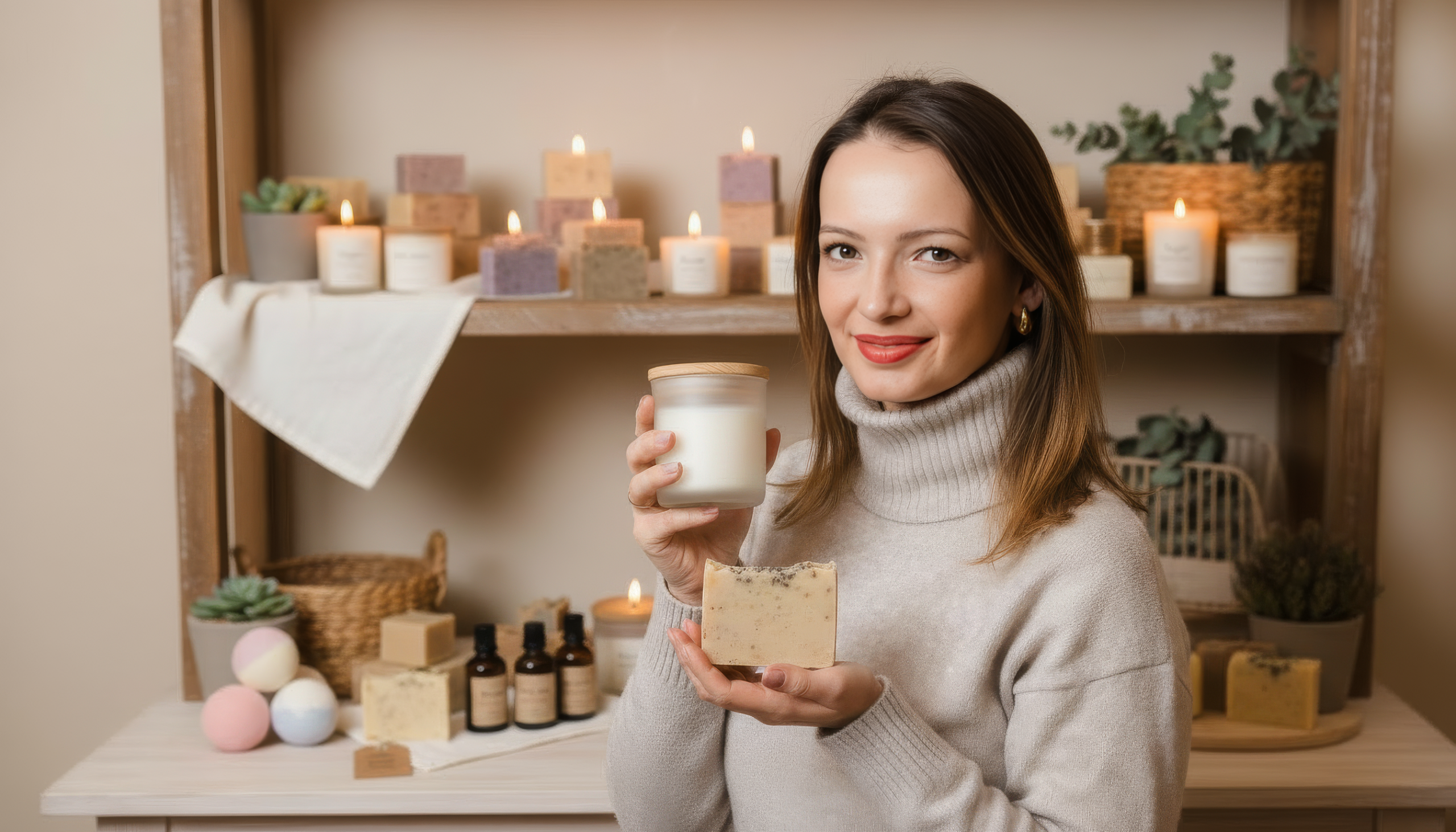 Усмихната жена държи ръчно изработена натурална свещ в стъклен буркан и блокче сапун, на фона на дървени рафтове с колекции от свещи, сапуни и козметични продукти.