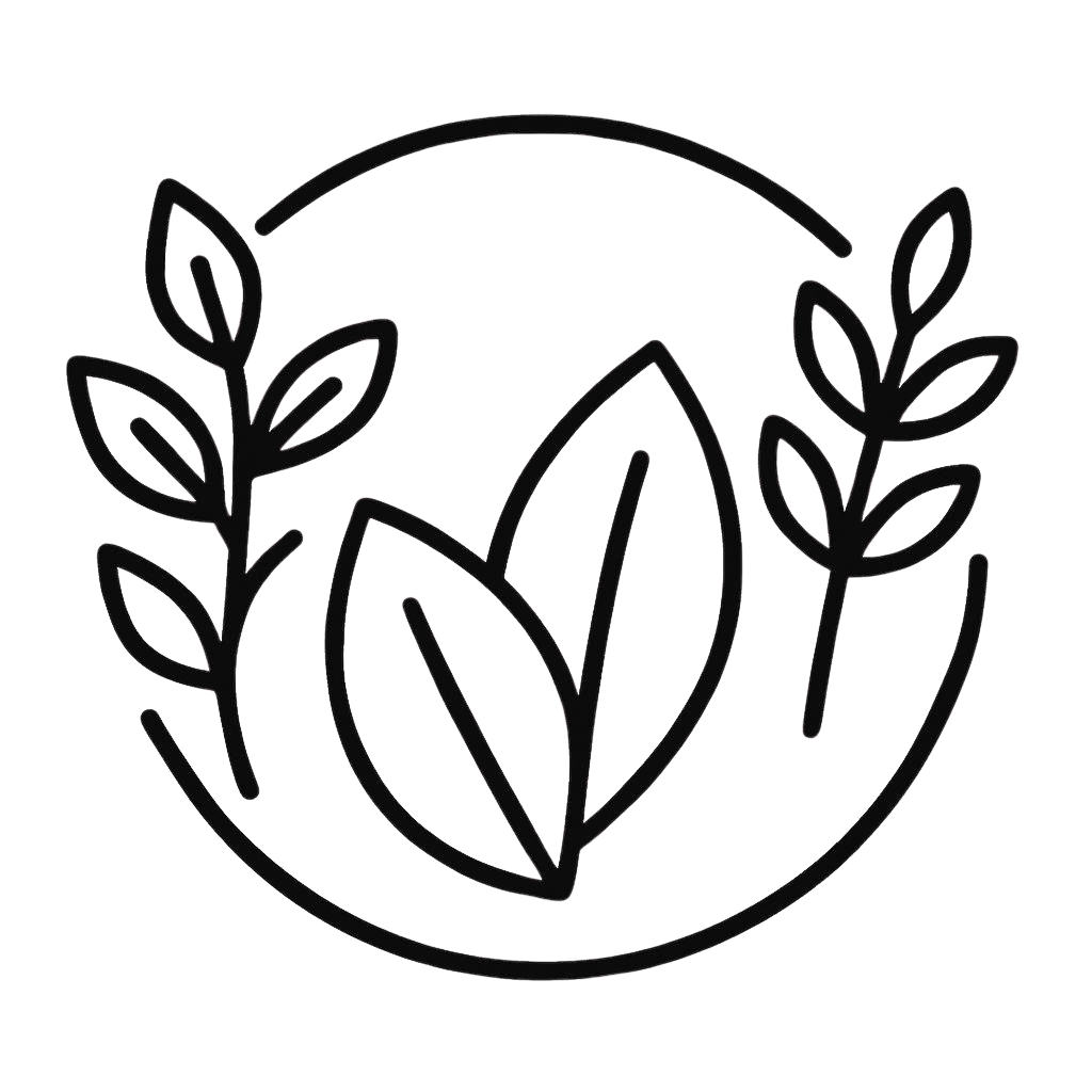 Икона за натурални съставки: Стилизирани листа и клони, оградени в кръг, символизиращи органичен произход и екологични материали.